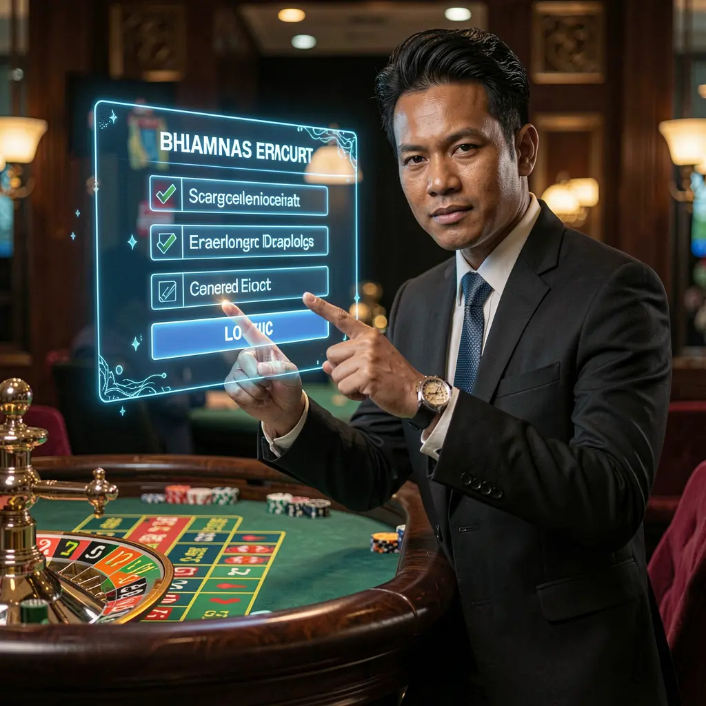 Professional casino dealer pointing toward a holographic login panel with a glowing roulette table behind him representing secure TURBO6 login for Malaysia